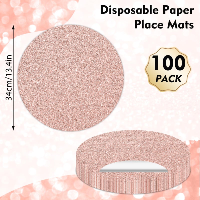 Tarklanda 100PCS Rose Gold Paper Placemats Disposable 13.4 Inch Round Glitter Paper Place Mat Valentines Rose Golden Decorative Shiny Table Mat for Birthday Wedding Holiday Party Sparkle Table Decor - Image 2
