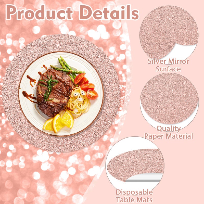 Tarklanda 100PCS Rose Gold Paper Placemats Disposable 13.4 Inch Round Glitter Paper Place Mat Valentines Rose Golden Decorative Shiny Table Mat for Birthday Wedding Holiday Party Sparkle Table Decor - Image 3