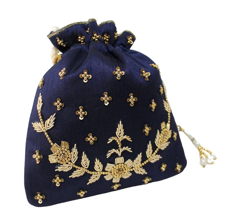 MILAN'S CREATION : Pearl & Zardosi Potli Bag Hand Embroidery Drawstring Potli Women's Handbag Purse With Pearl Handle & Tassel Purse - Image 3