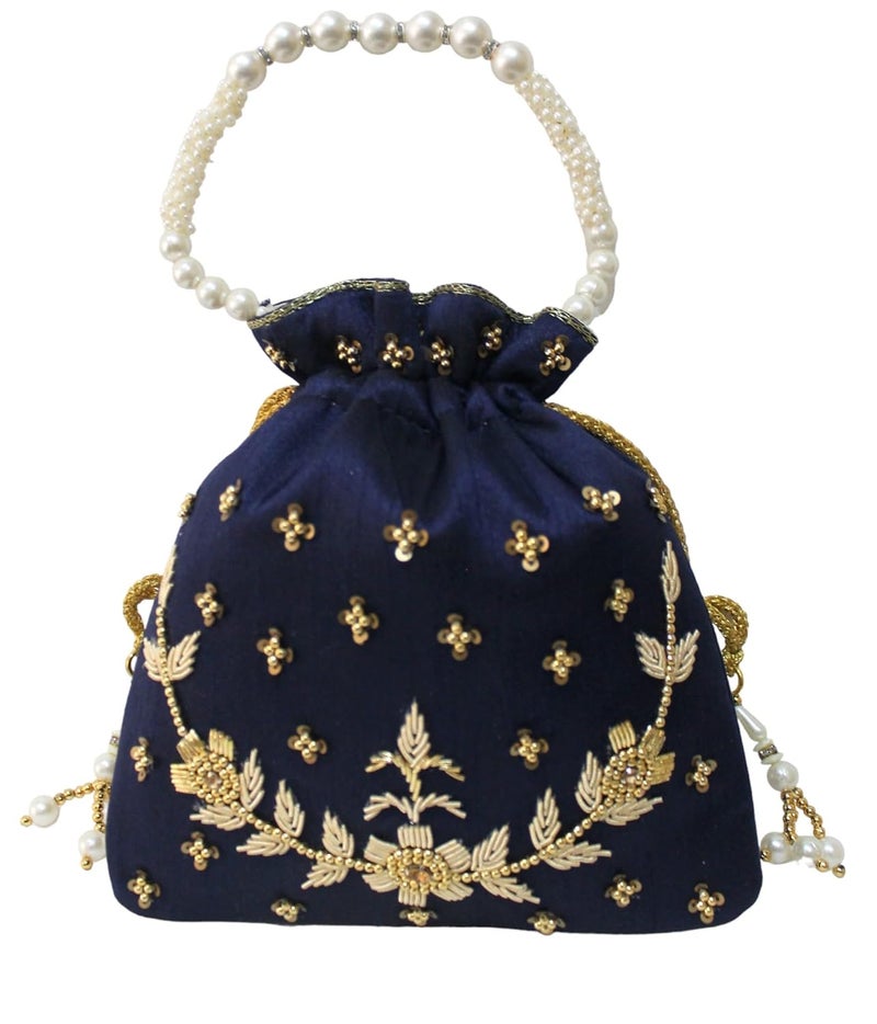 MILAN'S CREATION : Pearl & Zardosi Potli Bag Hand Embroidery Drawstring Potli Women's Handbag Purse With Pearl Handle & Tassel Purse - Image 1