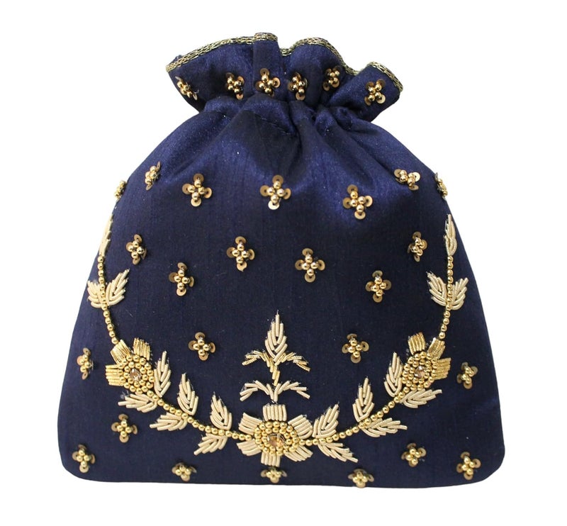 MILAN'S CREATION : Pearl & Zardosi Potli Bag Hand Embroidery Drawstring Potli Women's Handbag Purse With Pearl Handle & Tassel Purse - Image 4