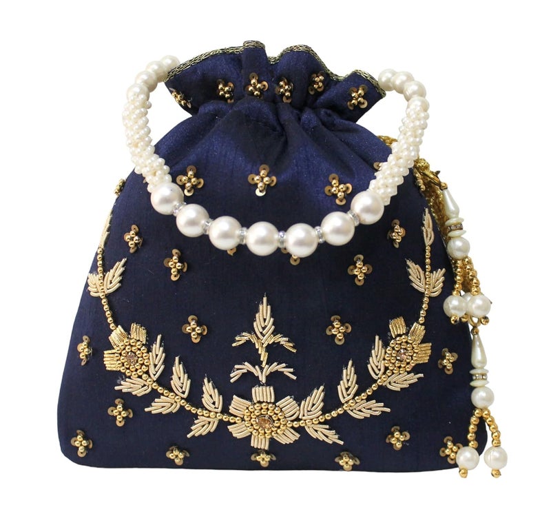MILAN'S CREATION : Pearl & Zardosi Potli Bag Hand Embroidery Drawstring Potli Women's Handbag Purse With Pearl Handle & Tassel Purse - Image 2