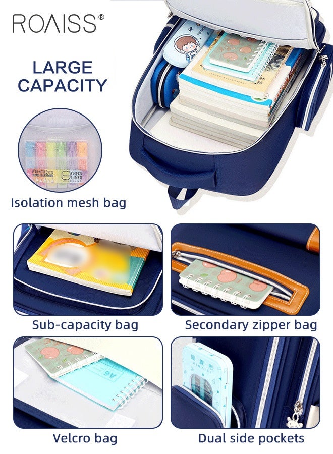 roaiss Unisex Kids Spine Protection Schoolbag British Style Premium Oxford Fabric Large Capacity Backpack Multiple Compartments Waterproof Wear-Resistant Design Student Bag with Reflective Strips  - Image 2