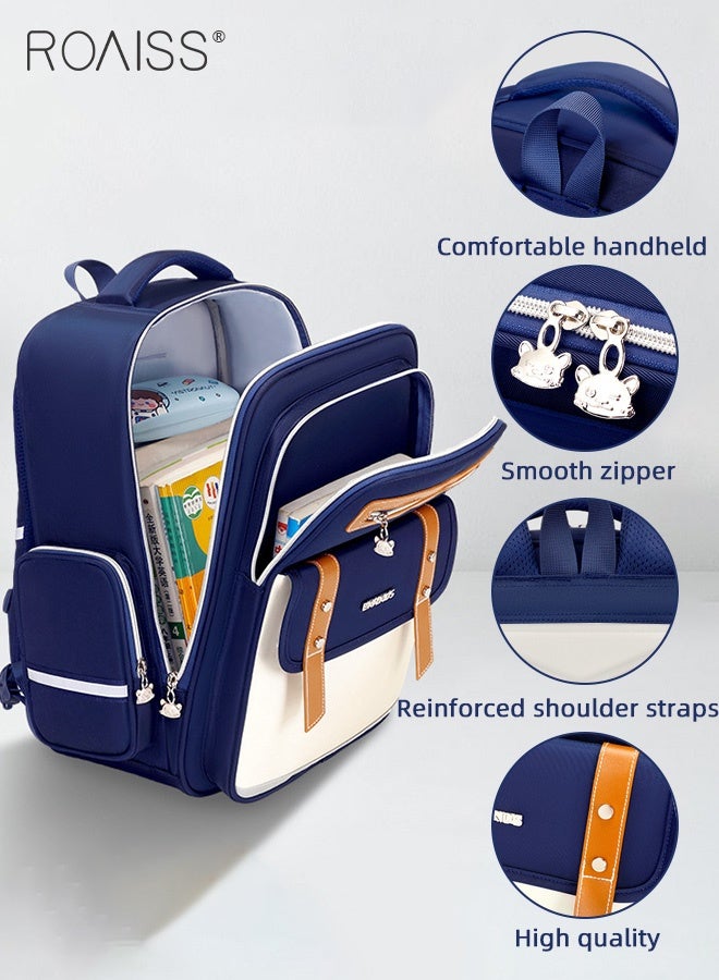 roaiss Unisex Kids Spine Protection Schoolbag British Style Premium Oxford Fabric Large Capacity Backpack Multiple Compartments Waterproof Wear-Resistant Design Student Bag with Reflective Strips  - Image 5