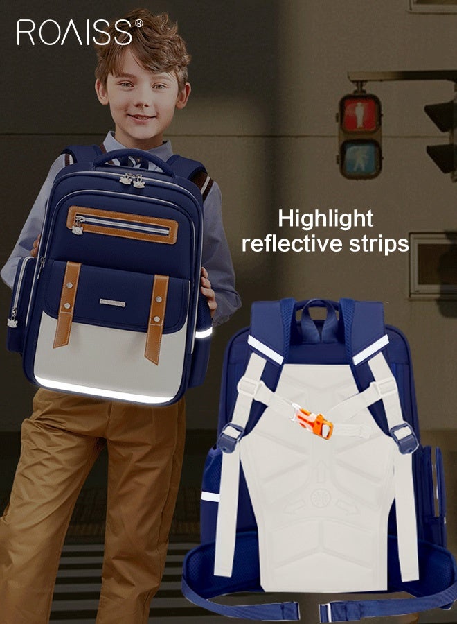 roaiss Unisex Kids Spine Protection Schoolbag British Style Premium Oxford Fabric Large Capacity Backpack Multiple Compartments Waterproof Wear-Resistant Design Student Bag with Reflective Strips  - Image 1