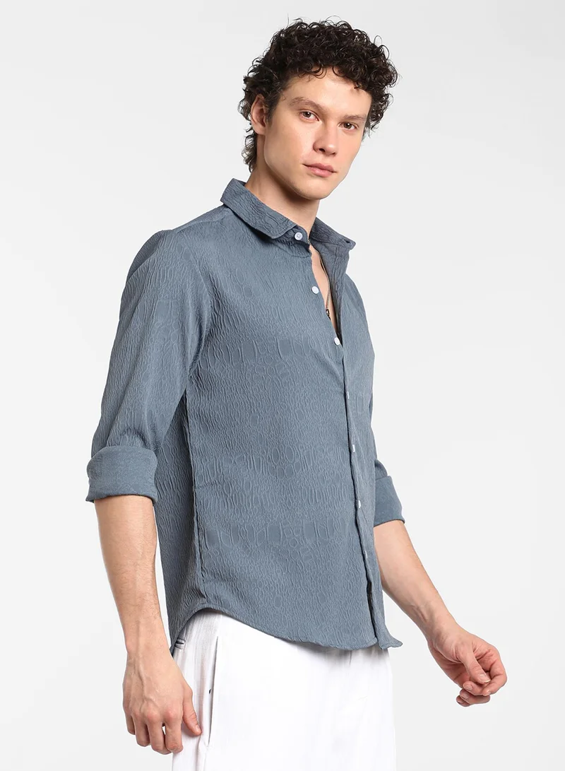 Campus Sutra Men's Ocean Blue Abstract-Textured Shirt