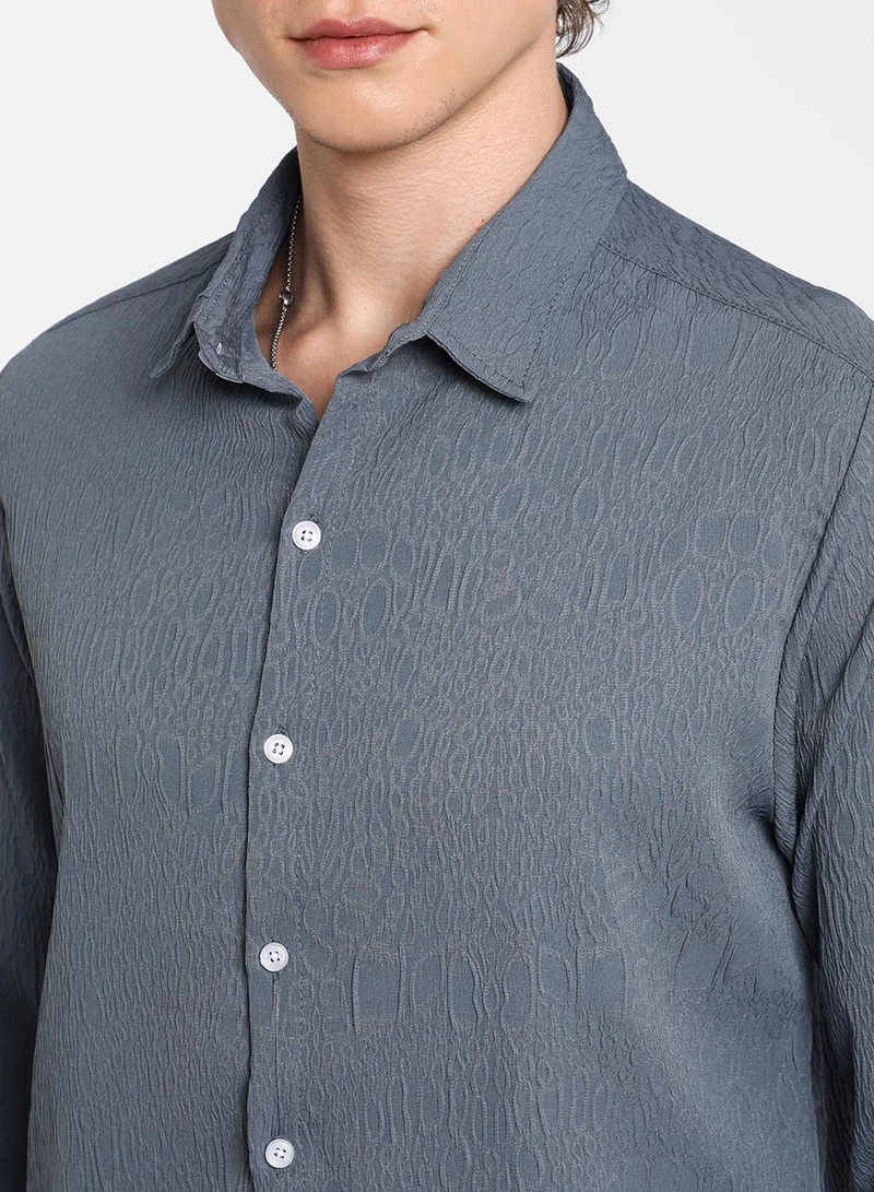 Campus Sutra Men's Ocean Blue Abstract-Textured Shirt