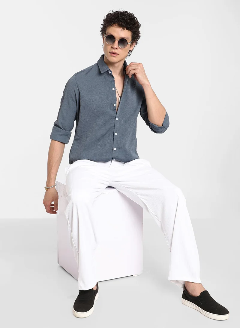 Campus Sutra Men's Ocean Blue Abstract-Textured Shirt
