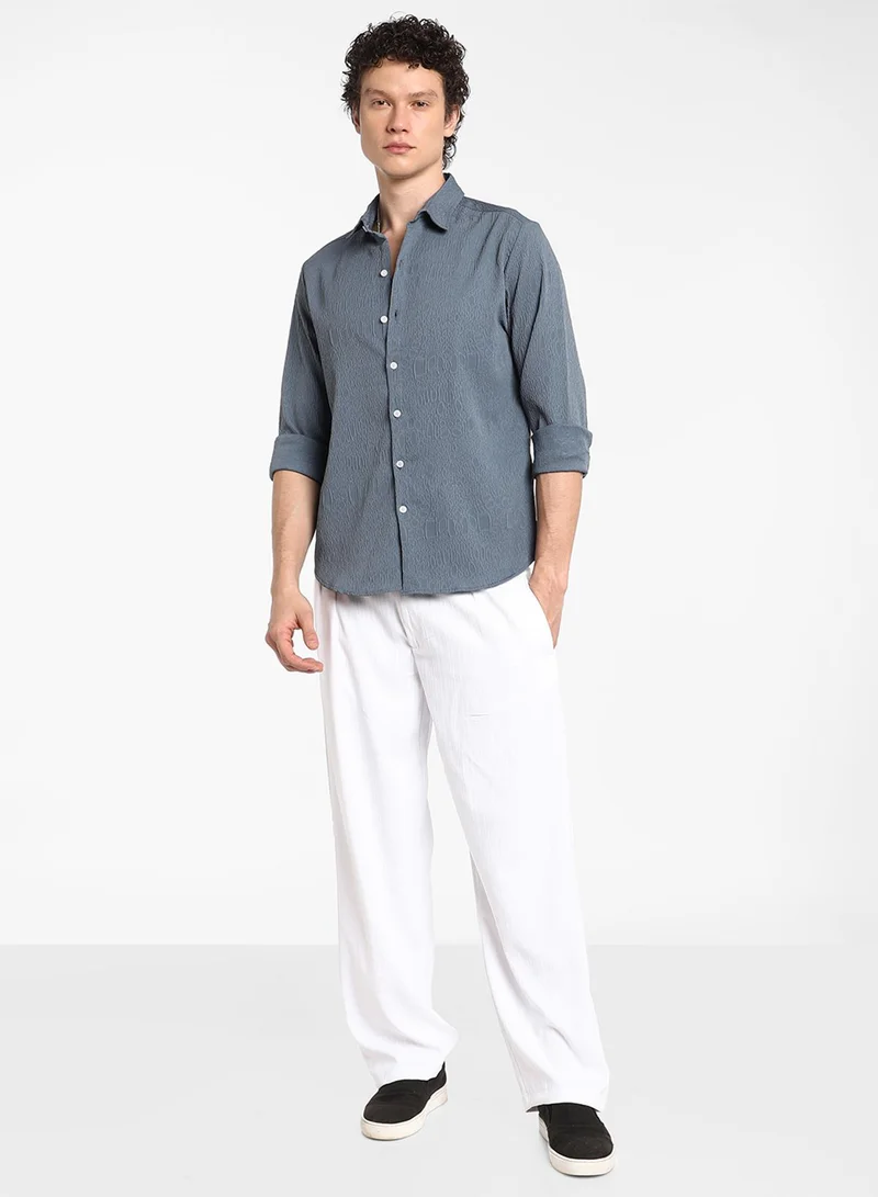 Campus Sutra Men's Ocean Blue Abstract-Textured Shirt