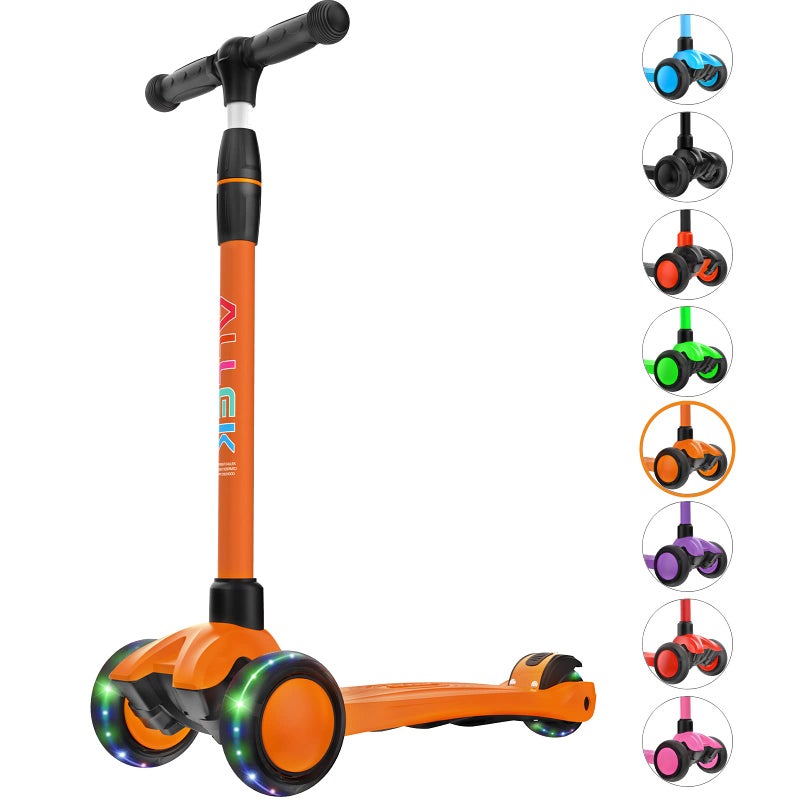 Allek Kick Scooter B03 Lean N Glide 3Wheeled Push Scooter with Extra Wide PU LightUp Wheels Any Height Adjustable Handlebar and Strong Thick Deck for Children from 312yrs Orange