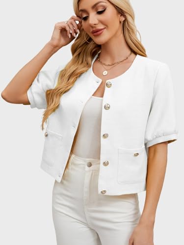 LifeShe Puff Short Sleeve Tweed Jacket Women Cropped Jackets Summer Open Front Office Work Blazer Coat - Image 4