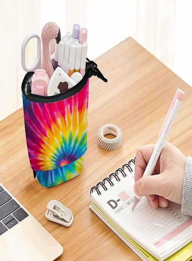 Swono Tie Dye Pencil Holder Abstract Swirl Spiral Stand Up Stationery Bag Pencil Case Organizer Cosmetics Pouch For Women Men Colorful - Image 2