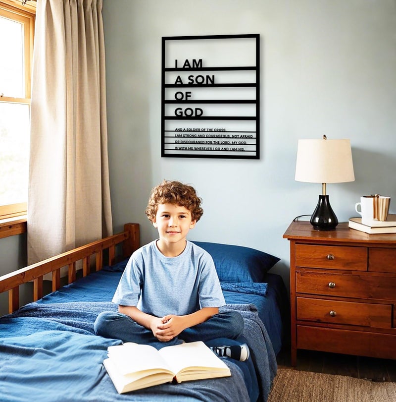 Yuzhuo Metal Teen Boy Room Wall Decor I Am a Son of God Wall Art Sign for Boys Bedroom Playroom living Room Bathroom Motivational Sculptures Black - Image 2