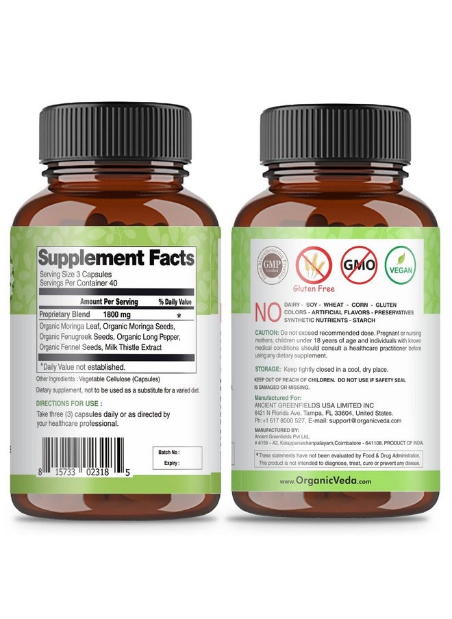 Organic Veda - Moringa Max Milk Breastfeeding Supplement Lactation Blend With Moringa Fenugreek Milk Thistle & Fennel To Increase Breastmilk Supply & Restore Energy Levels 120 Veggie Capsules - Image 1