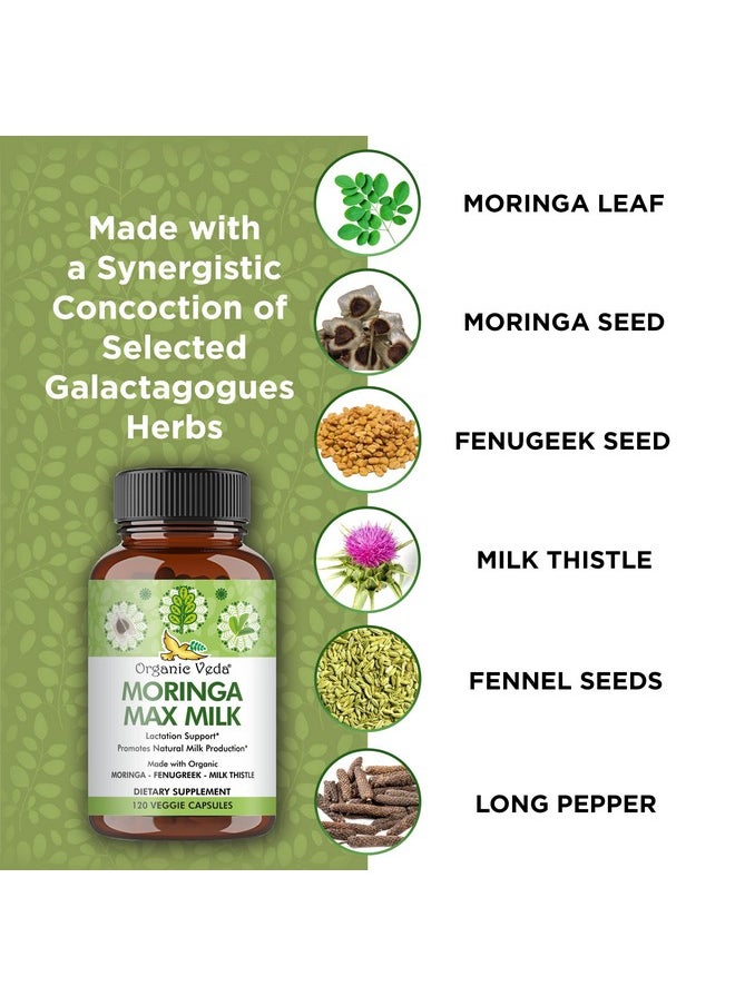 Organic Veda - Moringa Max Milk Breastfeeding Supplement Lactation Blend With Moringa Fenugreek Milk Thistle & Fennel To Increase Breastmilk Supply & Restore Energy Levels 120 Veggie Capsules - Image 1
