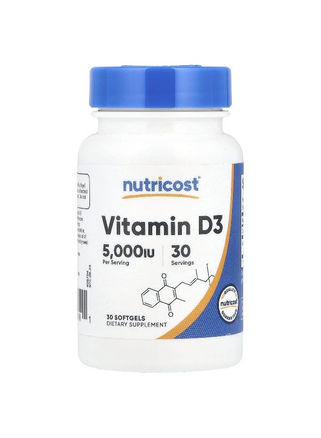 Nutricost, Vitamin D3, 5,000 IU, 30 Softgels (Packaging may vary) - Image 1