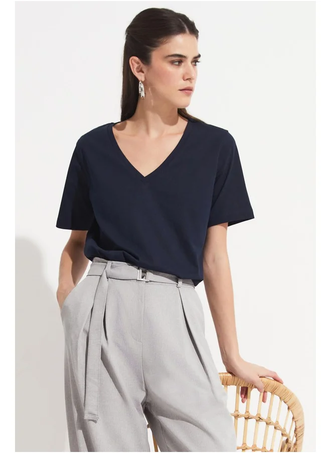 JUNE June V-Neck 100% Cotton Basic Tshirt Navy
