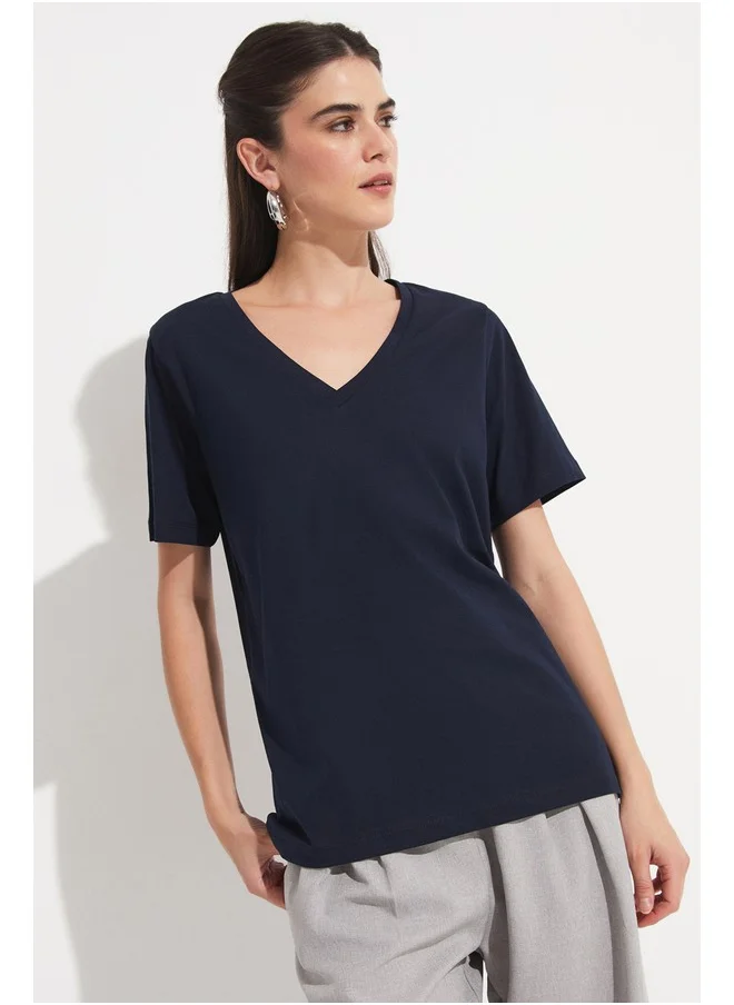 جون June V-Neck 100% Cotton Basic Tshirt Navy