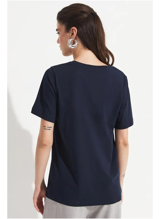 JUNE June V-Neck 100% Cotton Basic Tshirt Navy