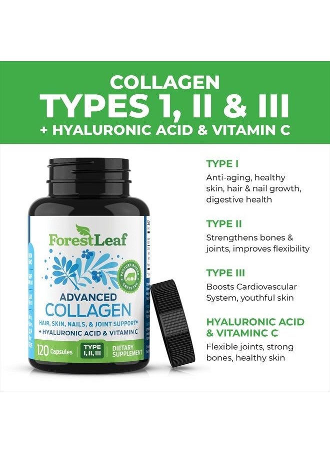 ForestLeaf - Collagen Pills with Hyaluronic Acid & Vitamin C - Reduce Wrinkles, Tighten Skin, Boost Hair, Skin, Nails & Joint Health - Hydrolyzed Collagen Peptides Supplement - 120 Capsules - Image 1