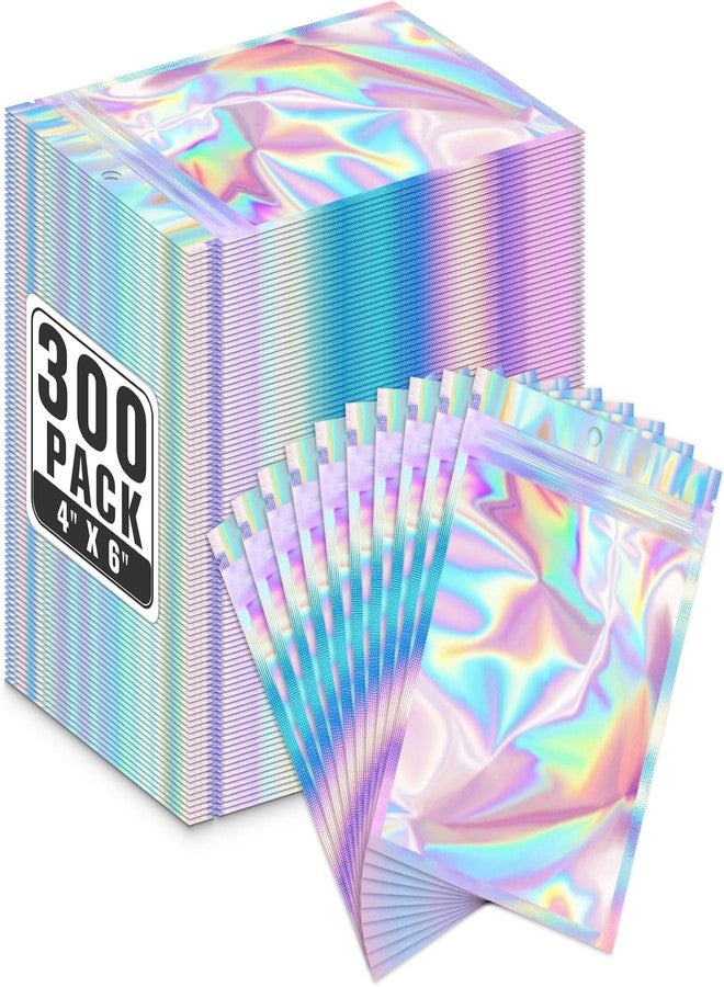 ANZNKU 300 Pcs Holographic Resealable Mylar Bags, 4x6 Inch Resealable Bags for Small Business, Smell Proof Hangover Kit Bag, Foil Zipper Pouches with Clear Window for Food Storage Party favor - Image 1