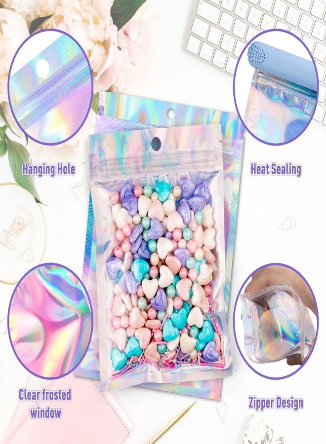 ANZNKU 300 Pcs Holographic Resealable Mylar Bags, 4x6 Inch Resealable Bags for Small Business, Smell Proof Hangover Kit Bag, Foil Zipper Pouches with Clear Window for Food Storage Party favor - Image 3