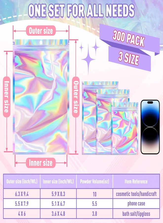 ANZNKU 300 Pcs Holographic Resealable Mylar Bags, 4x6 Inch Resealable Bags for Small Business, Smell Proof Hangover Kit Bag, Foil Zipper Pouches with Clear Window for Food Storage Party favor - Image 2