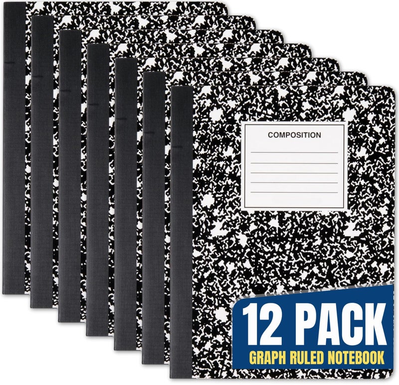 1InTheOffice Quad Ruled Composition Book 7.5 x 9.75, Graph Paper Composition Notebook, Black Marble Cover, Quad Ruled 4x4, 100 Sheets, (12/Pack) - Image 1