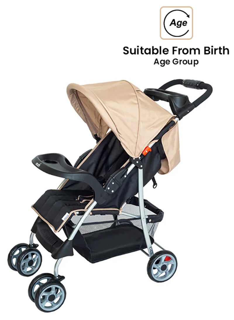Moon Trek Baby Stroller – Foldable Stroller with Safety Lock, Dual Tray, Multi-Position Recline, Adjustable Leg Rest, for Newborn to Toddler (0m+ to 15kg) – Beige - Image 1