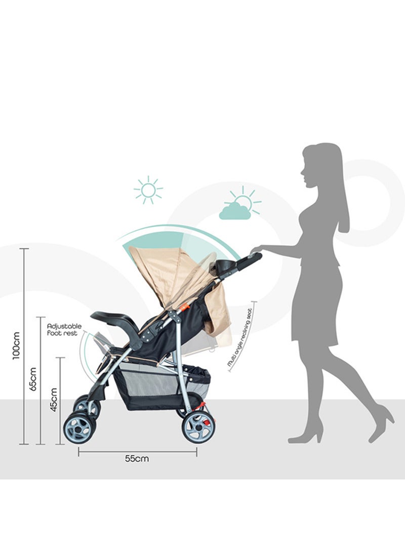 Moon Trek Baby Stroller – Foldable Stroller with Safety Lock, Dual Tray, Multi-Position Recline, Adjustable Leg Rest, for Newborn to Toddler (0m+ to 15kg) – Beige - Image 5