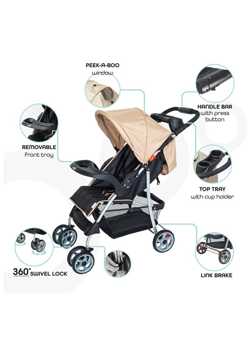 Moon Trek Baby Stroller – Foldable Stroller with Safety Lock, Dual Tray, Multi-Position Recline, Adjustable Leg Rest, for Newborn to Toddler (0m+ to 15kg) – Beige - Image 4