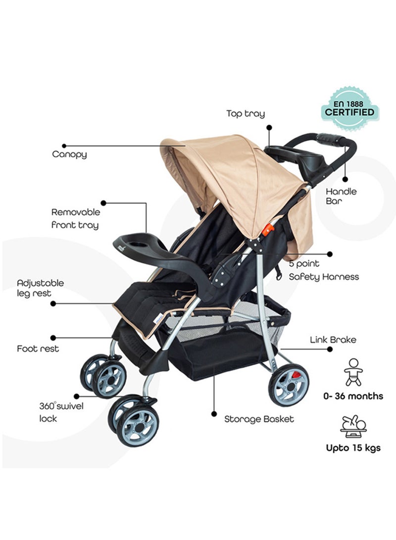 Moon Trek Baby Stroller – Foldable Stroller with Safety Lock, Dual Tray, Multi-Position Recline, Adjustable Leg Rest, for Newborn to Toddler (0m+ to 15kg) – Beige - Image 2