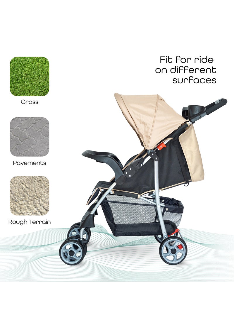Moon Trek Baby Stroller – Foldable Stroller with Safety Lock, Dual Tray, Multi-Position Recline, Adjustable Leg Rest, for Newborn to Toddler (0m+ to 15kg) – Beige - Image 3