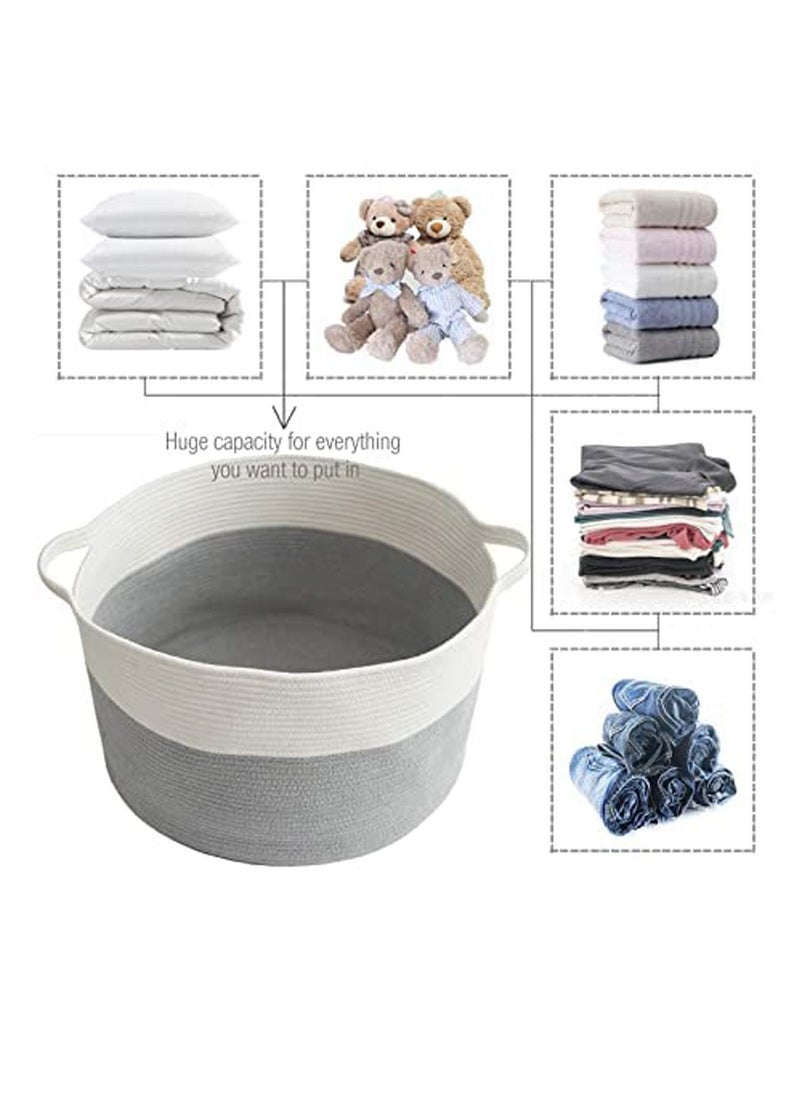 TYCOM - Tycom Cotton Rope Basket Woven Baby Laundry Basket for Blankets Toys Storage Basket with Handle Comforter Cushions Storage Bins Thread Laundry Hamper Blanket Towels Home Storage Container Light Grey - Image 1