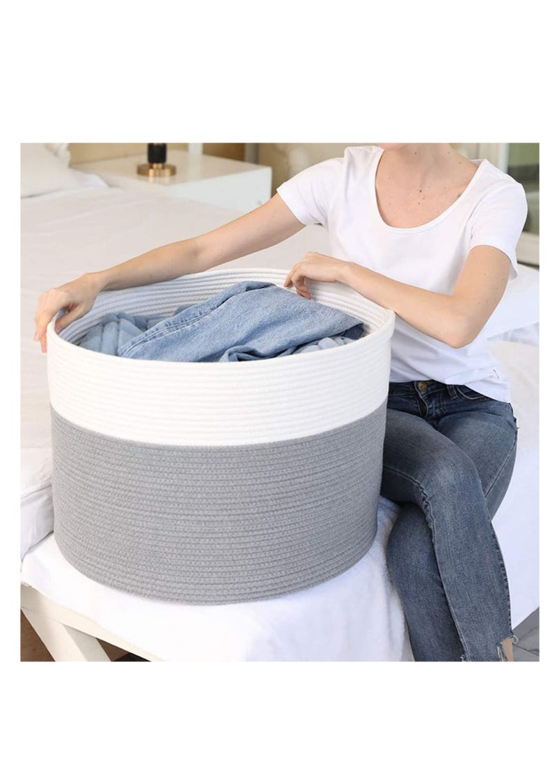 TYCOM - Tycom Cotton Rope Basket Woven Baby Laundry Basket for Blankets Toys Storage Basket with Handle Comforter Cushions Storage Bins Thread Laundry Hamper Blanket Towels Home Storage Container Light Grey - Image 1