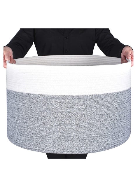 Tycom Cotton Rope Basket Woven Baby Laundry Basket for Blankets Toys Storage Basket with Handle Comforter Cushions Storage Bins Thread Laundry Hamper Blanket Towels Home Storage Container Light Grey