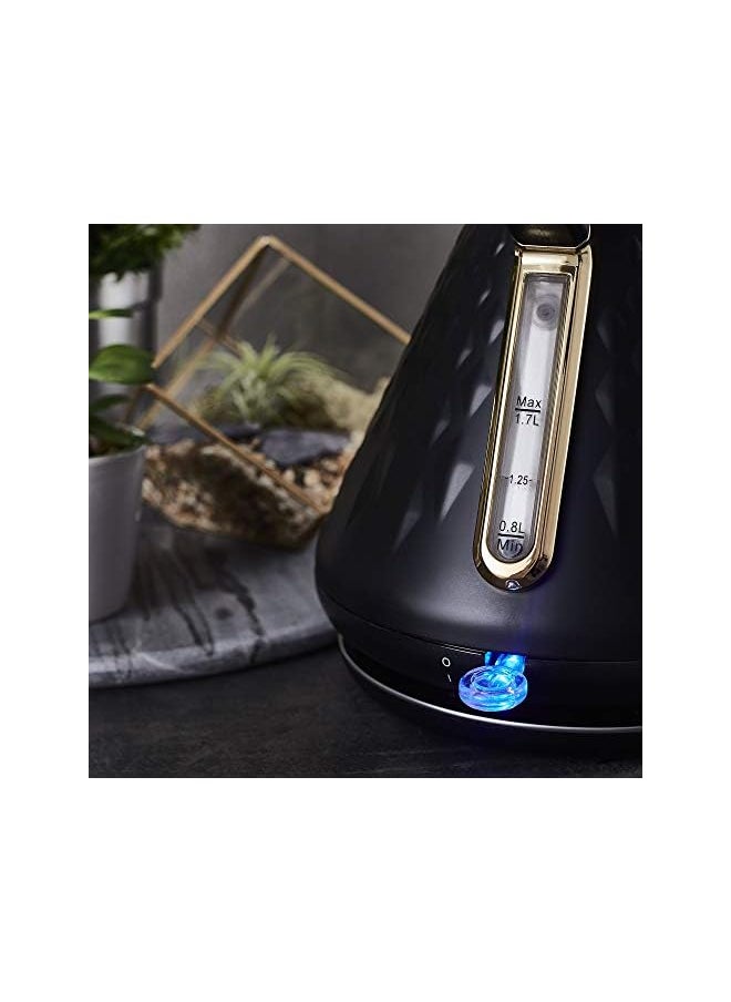 Swan Gatsby Black and Gold 1.7 Litre Pyramid Kettle, 3 KW Rapid Boil, Diamond Pattern Design, Matte Black with Gold Accents, SK14080BLKN  - Image 4