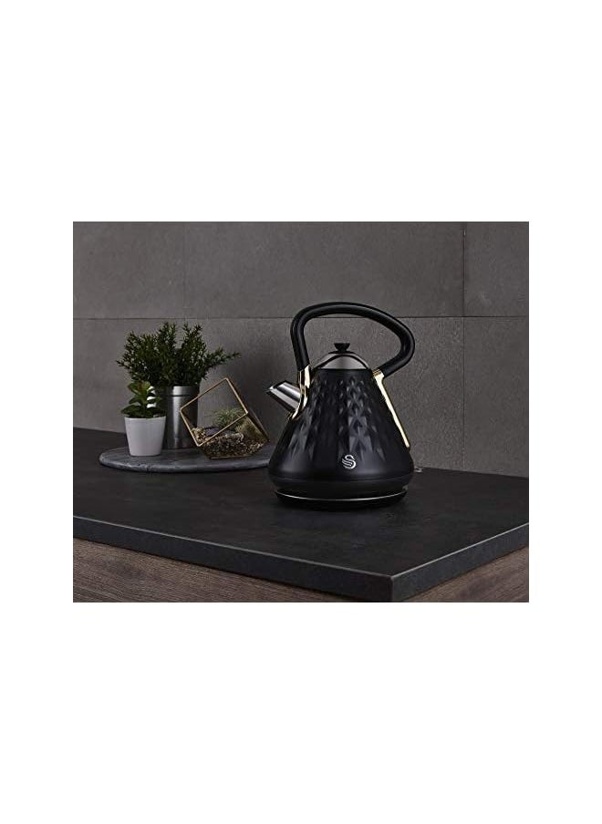 Swan Gatsby Black and Gold 1.7 Litre Pyramid Kettle, 3 KW Rapid Boil, Diamond Pattern Design, Matte Black with Gold Accents, SK14080BLKN  - Image 5