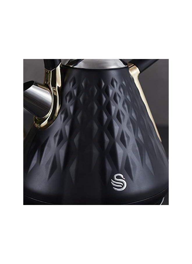 Swan Gatsby Black and Gold 1.7 Litre Pyramid Kettle, 3 KW Rapid Boil, Diamond Pattern Design, Matte Black with Gold Accents, SK14080BLKN  - Image 3