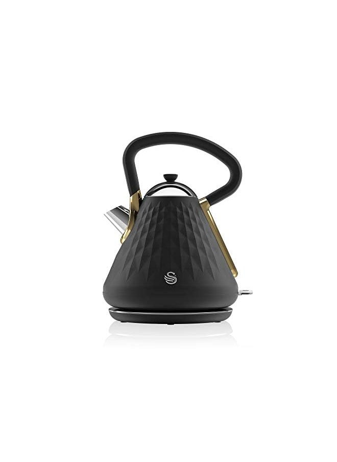Swan Gatsby Black and Gold 1.7 Litre Pyramid Kettle, 3 KW Rapid Boil, Diamond Pattern Design, Matte Black with Gold Accents, SK14080BLKN  - Image 2