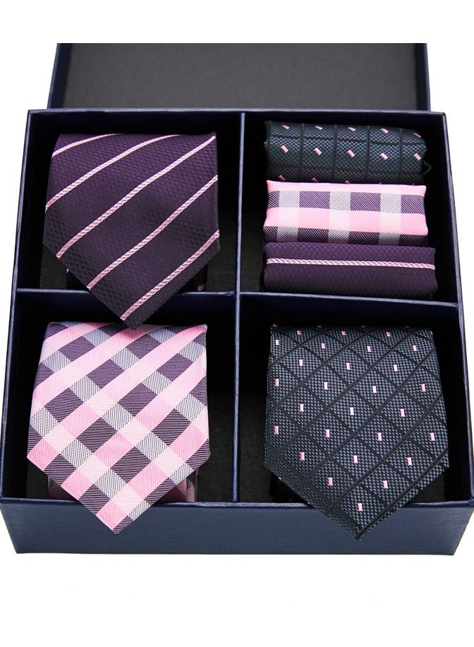 Fashionable Checkered And Stripes Patterned Combination Suit With Three Neckties And Three Kerchiefs