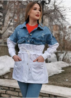 LEVURE معطف جينز عصري للنساء، جاكيت كلاسيكي بياقة واقفة وأكمام طويلة  - Image 1