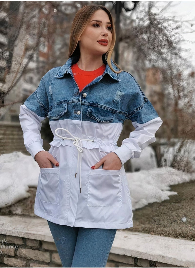 LEVURE Women's Fashion Denim Coat Classic Stand Collar Long Sleeve Jacket  - Image 1