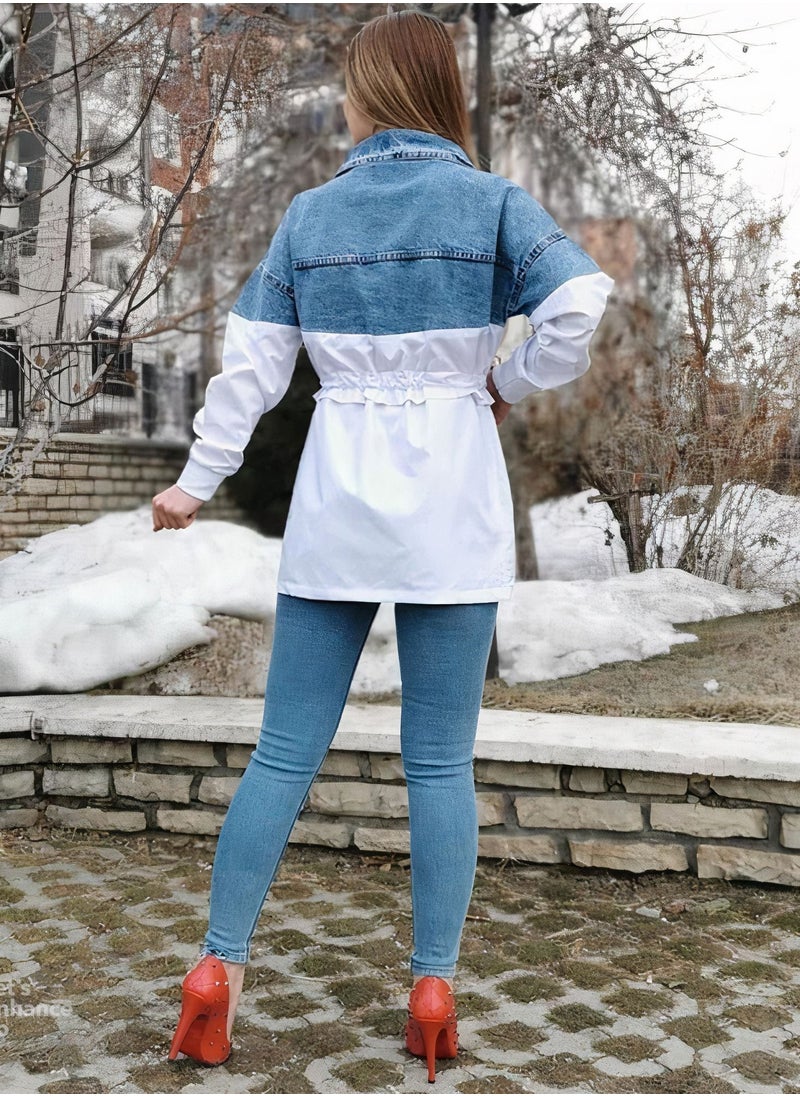 LEVURE Women's Fashion Denim Coat Classic Stand Collar Long Sleeve Jacket  - Image 2