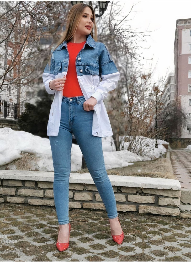 LEVURE Women's Fashion Denim Coat Classic Stand Collar Long Sleeve Jacket  - Image 3