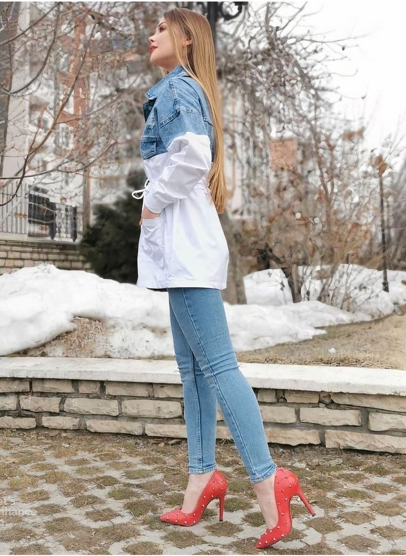 LEVURE Women's Fashion Denim Coat Classic Stand Collar Long Sleeve Jacket  - Image 4