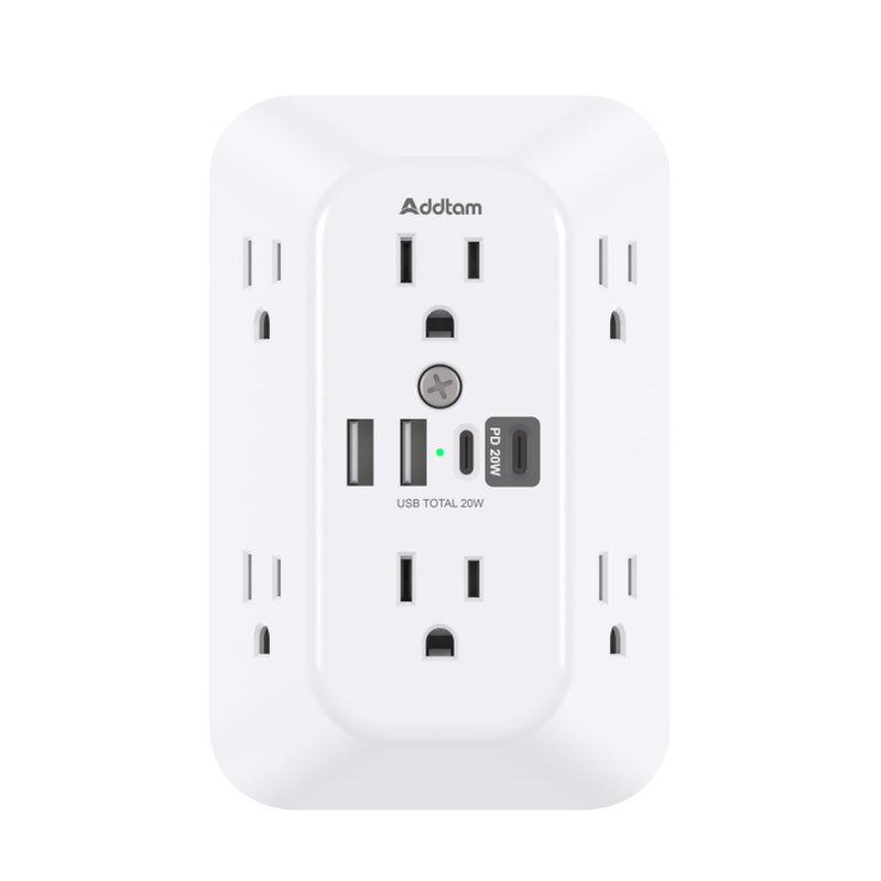 Addtam Surge Protector Outlet Extender, 6-Outlet Splitter with 4 USB Wall Charger(PD 20W), Multi Plug Wall Outlet 1800J Power Strip for Home Office Dorm Room Essentials, White - Image 1