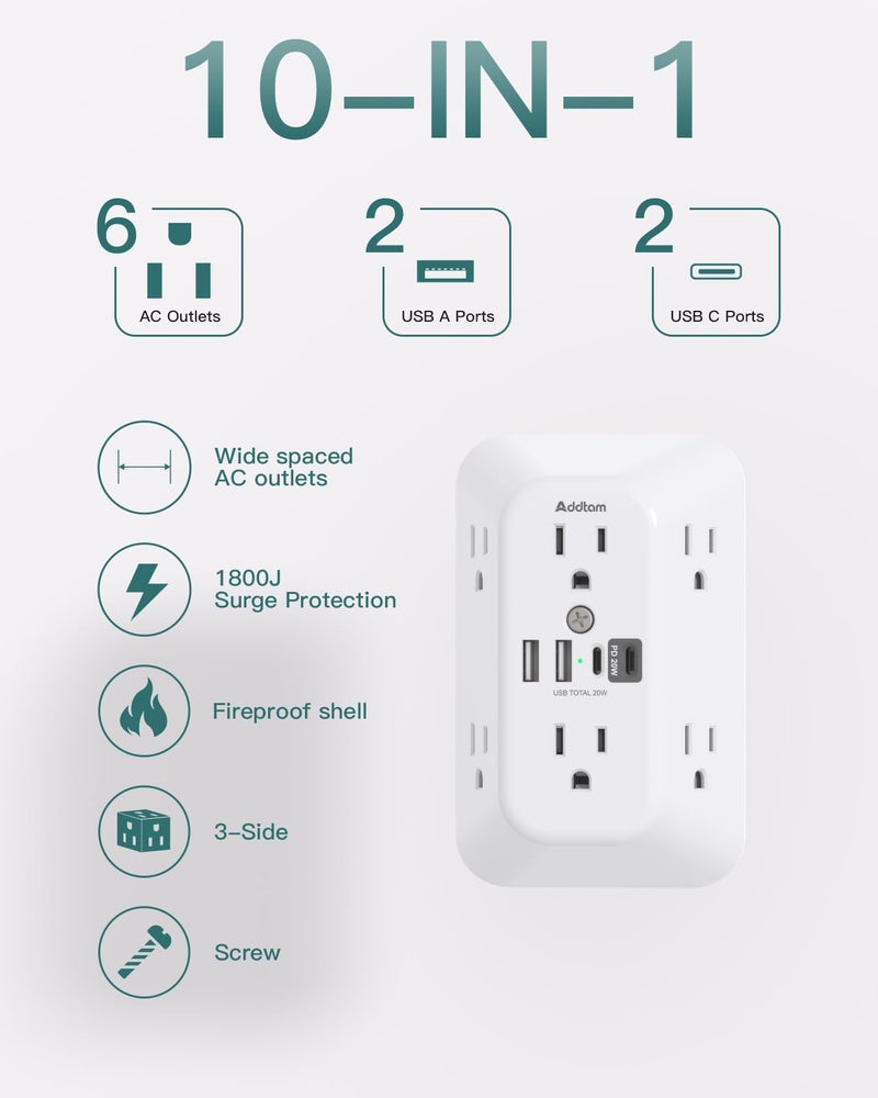 Addtam Surge Protector Outlet Extender, 6-Outlet Splitter with 4 USB Wall Charger(PD 20W), Multi Plug Wall Outlet 1800J Power Strip for Home Office Dorm Room Essentials, White - Image 2