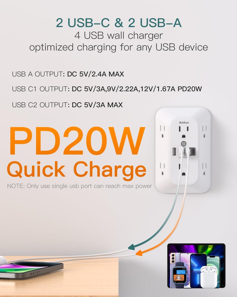 Addtam Surge Protector Outlet Extender, 6-Outlet Splitter with 4 USB Wall Charger(PD 20W), Multi Plug Wall Outlet 1800J Power Strip for Home Office Dorm Room Essentials, White - Image 3