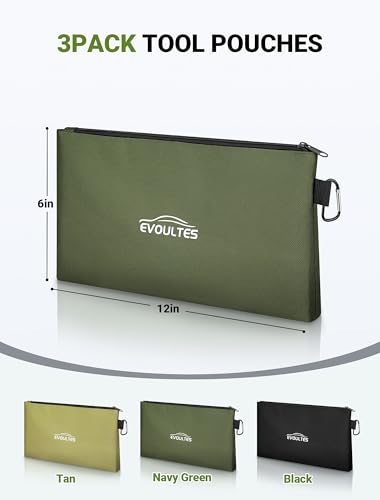 EVOULTES 12 Inch Tool Pouches with Zipper Small Tools Bags with Carabiner Multi Purpose Utility Organizer Bags for Tools 3 Pack in Tan Navy Green Black - Image 3